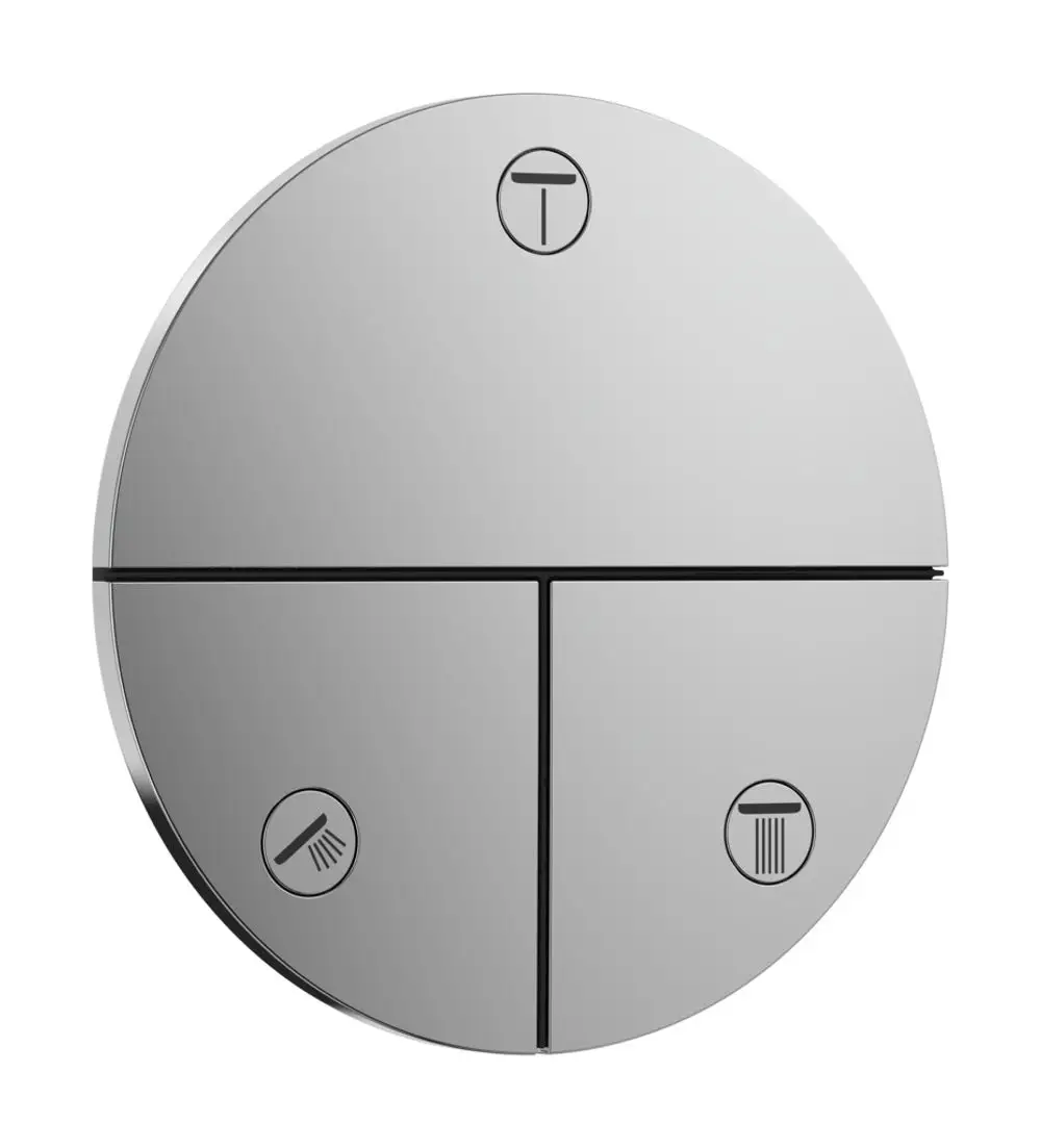 Runder, spiegelnder Hebel mit drei quadratischen Abschnittsmarkierungen, bedruckt mit Symbolen für Dusch- und Mischwasserfunktion, von Hansgrohe.